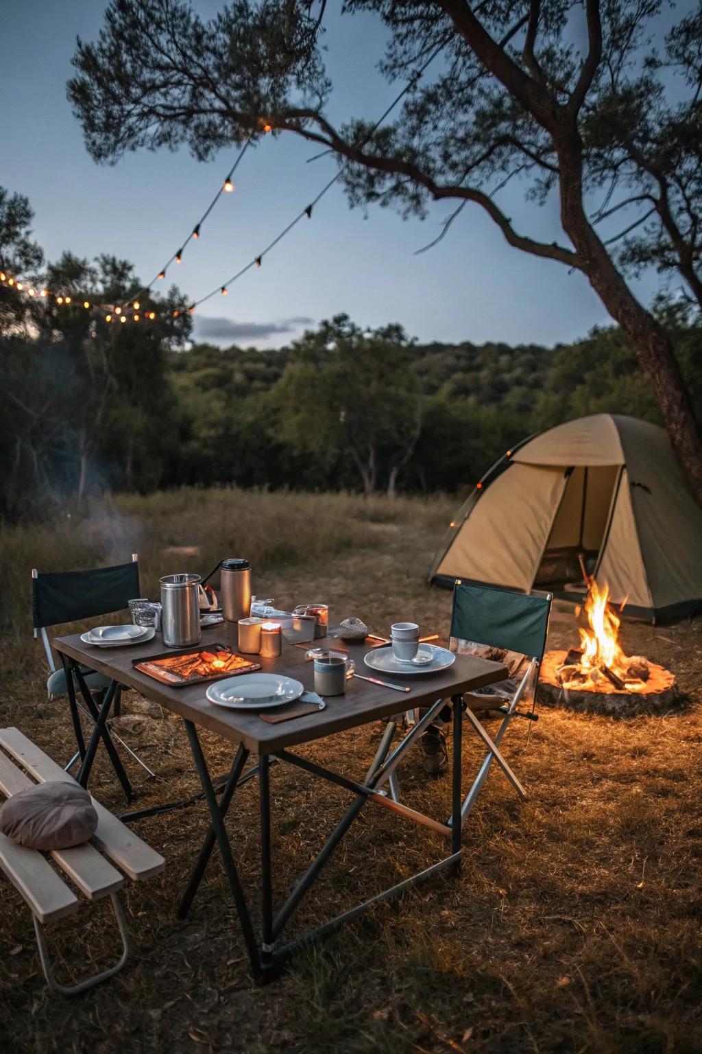 A convenient picnic table setup for campsite dining.