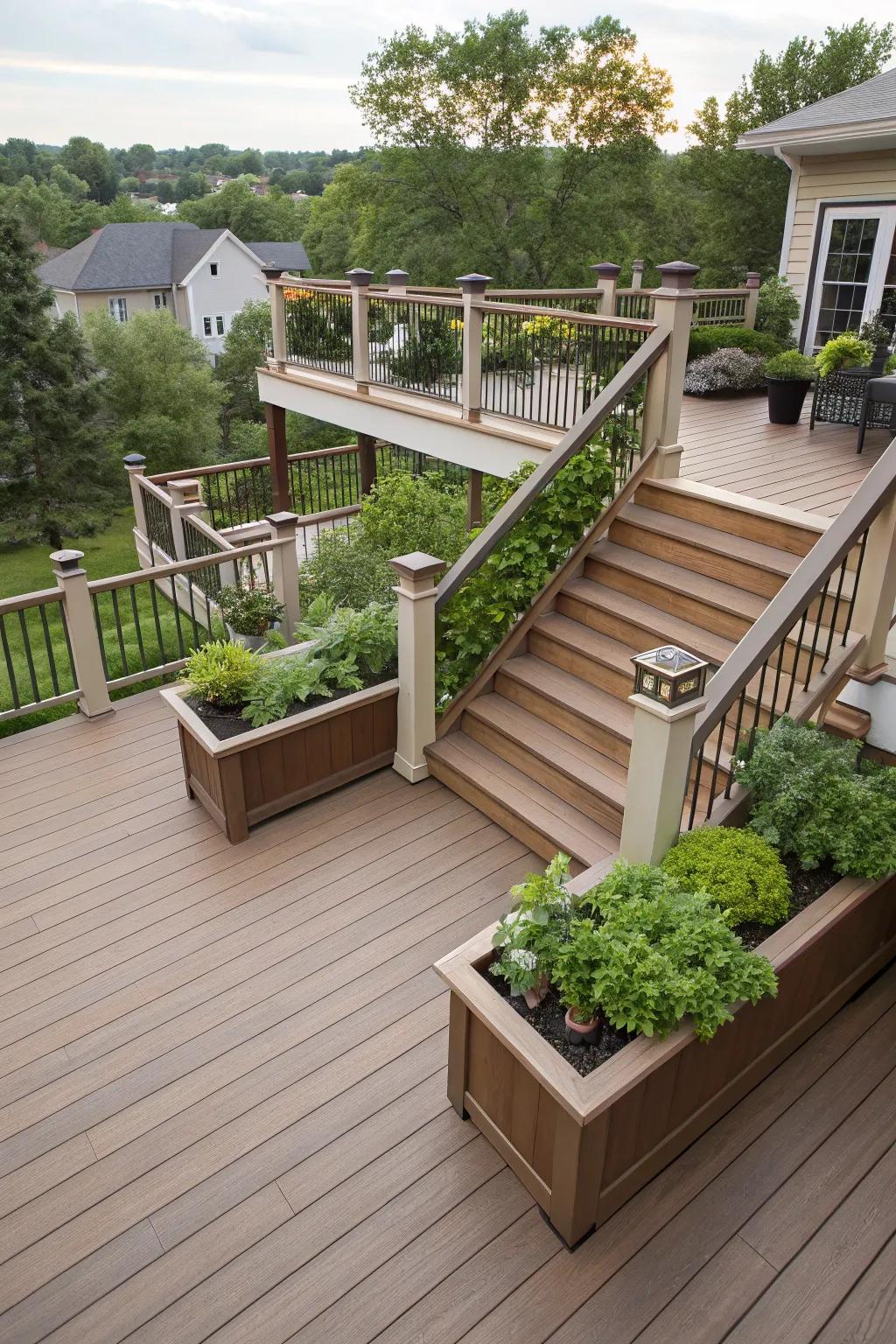 A second-story deck with stairs adorned by lush built-in planters.