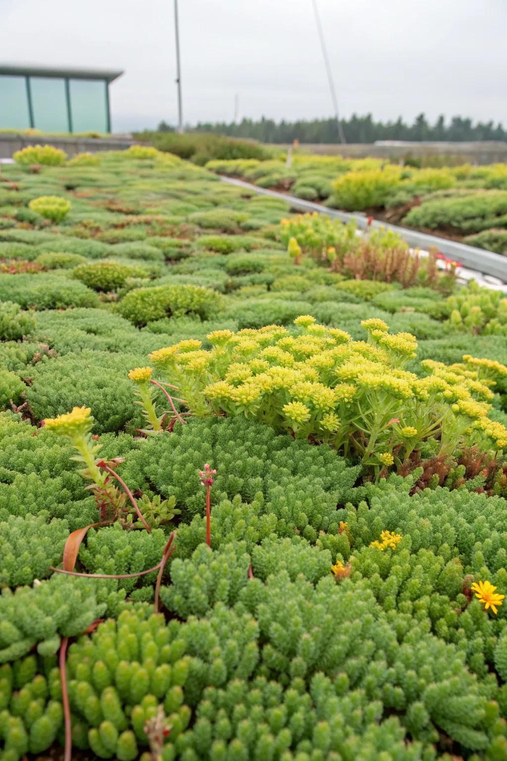 A serene garden space fully carpeted with sedum.