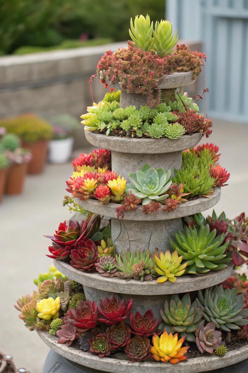 A succulent tower planter serves as a striking garden centerpiece.