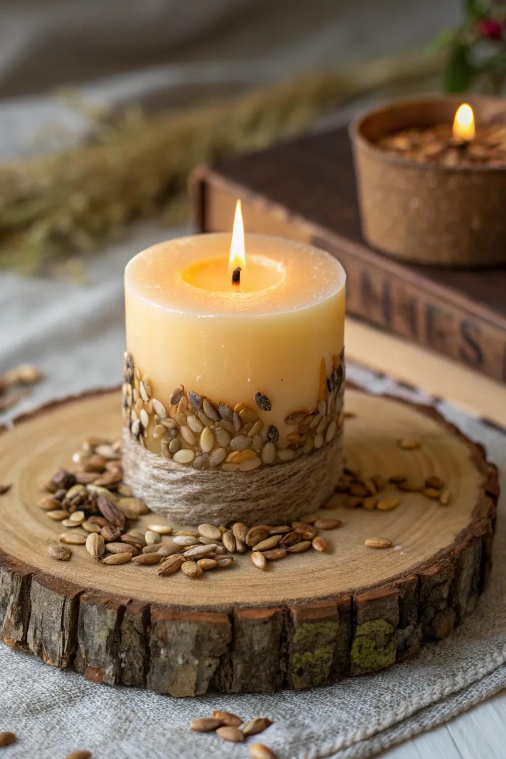 Seed-infused candles that add warmth and texture to any decor.