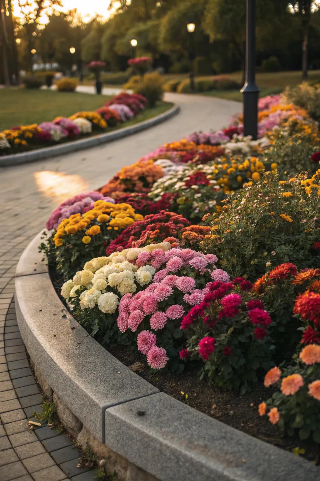 Contrasting colors create a vibrant display in a semi-circle bed.