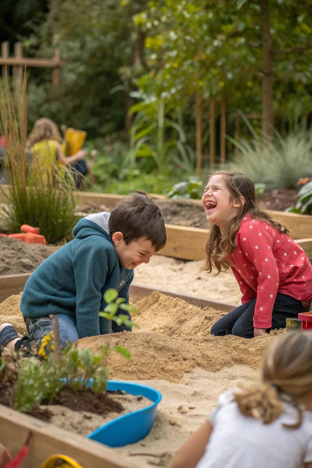 Kids enjoy tactile play in a dedicated sand and dirt area of the sensory garden.