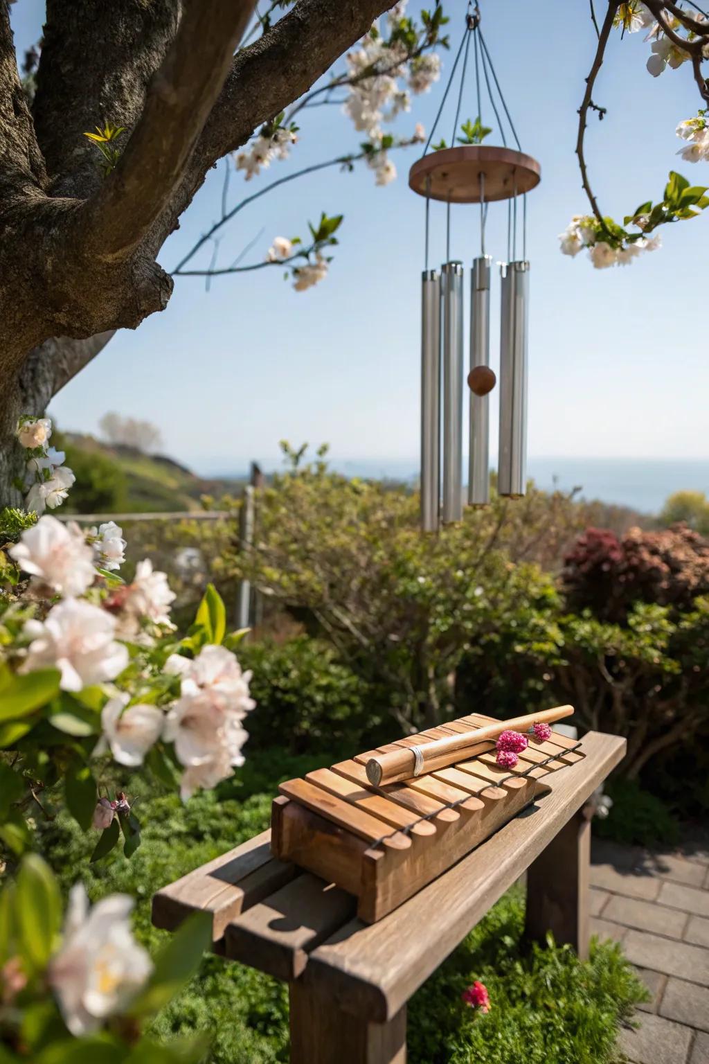 Wind chimes and a xylophone creating a musical garden experience.