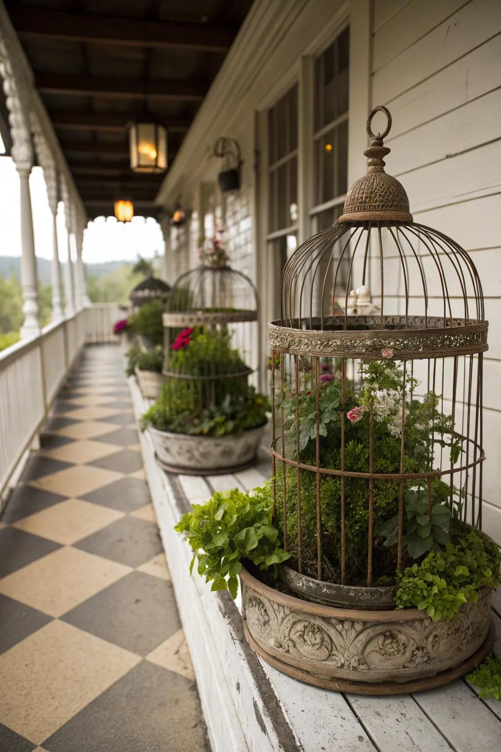 Birdcages bring a whimsical touch to your shabby chic porch.