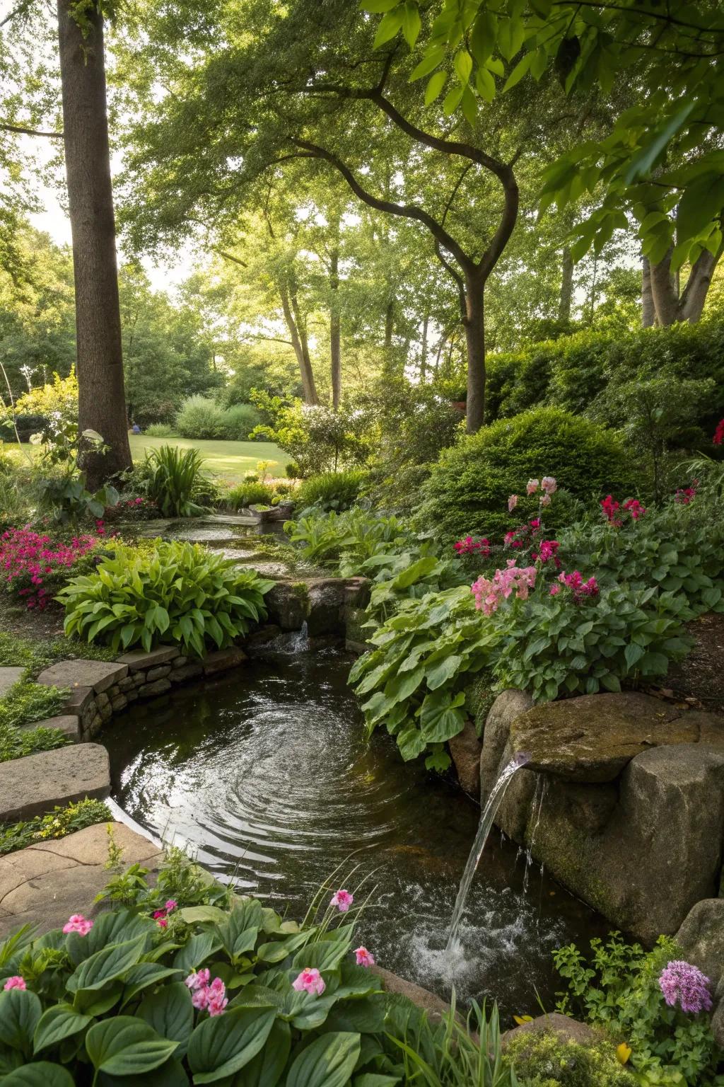 A calming water feature in a shaded garden setting.