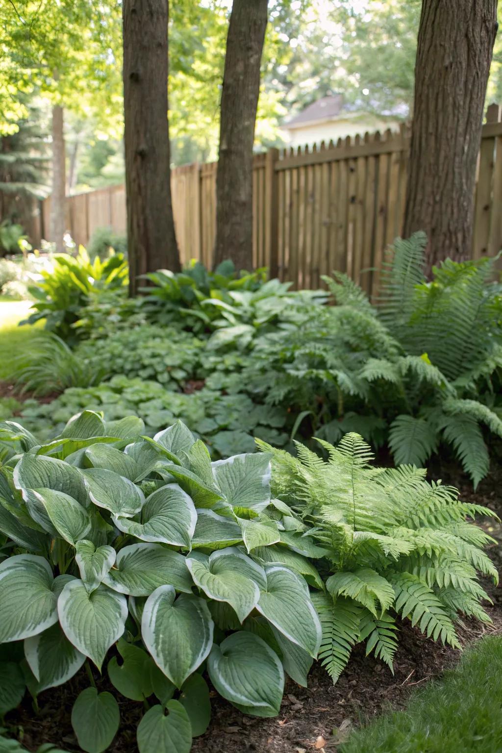 Hostas and ferns create lush texture in shaded spaces.
