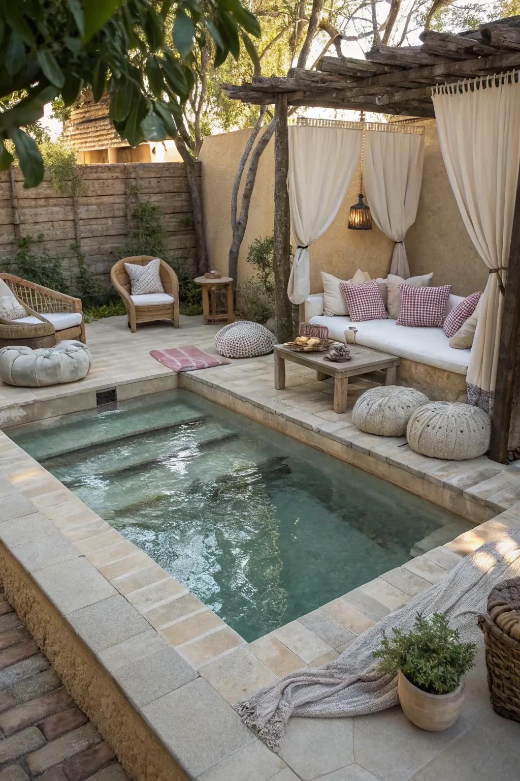 A shallow pool featuring comfortable built-in seating.