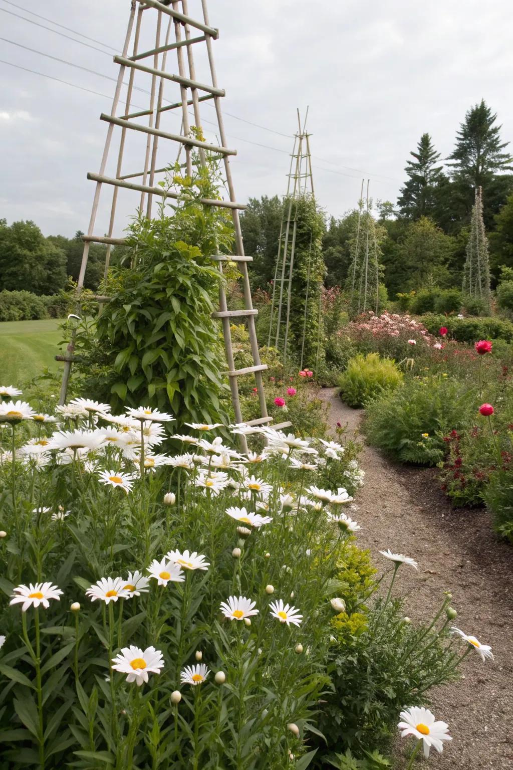 Vertical elements enhancing the beauty of Shasta daisies in the garden.