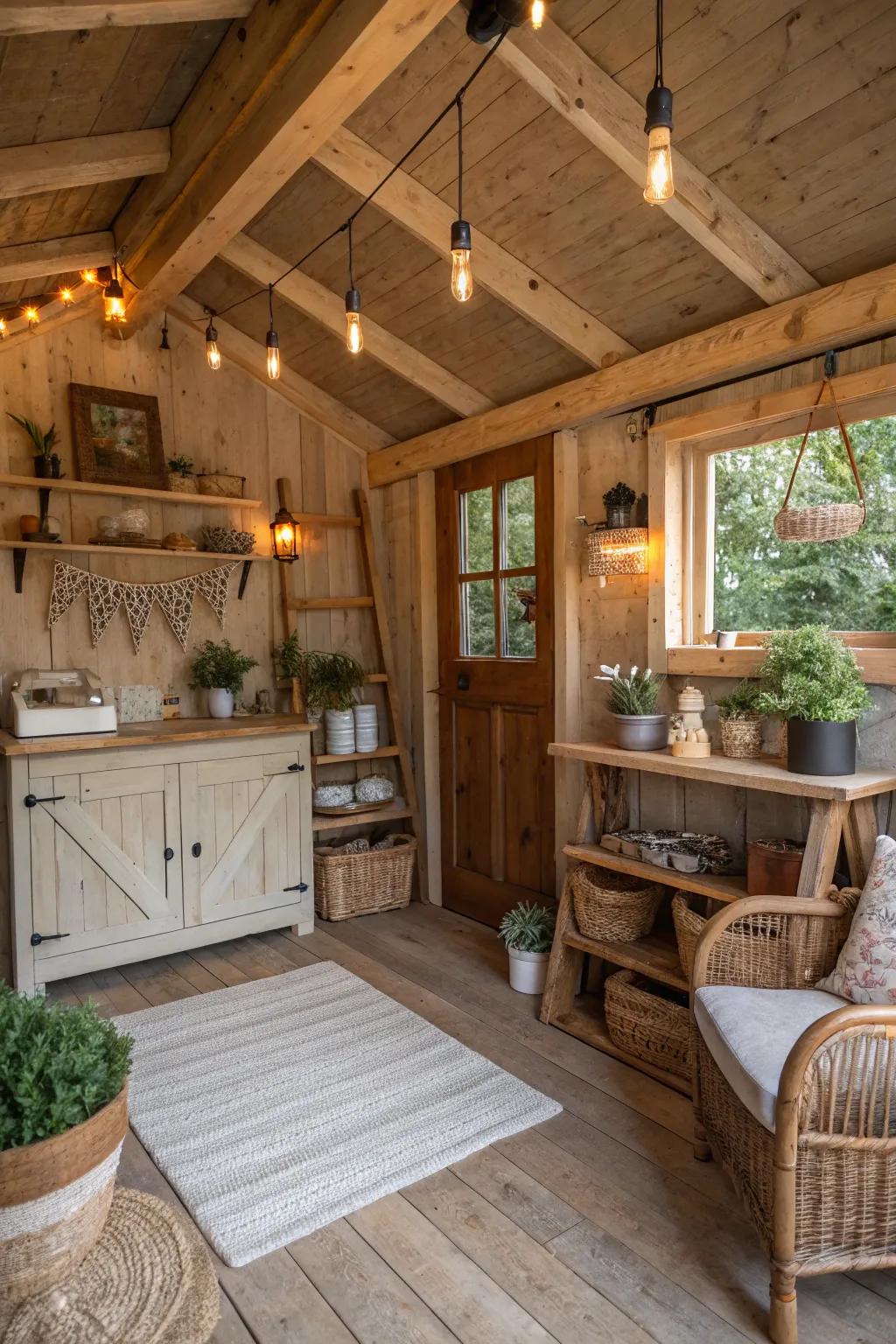 A she shed featuring rustic exposed beams.