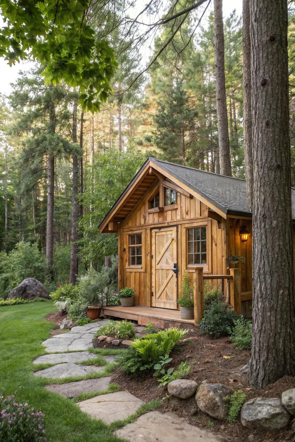 A rustic shed cabin blending with nature