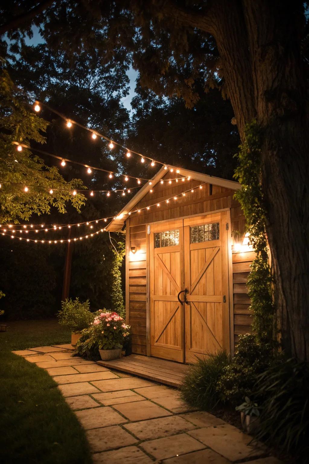 Warm lighting transforms your shed entrance into an evening retreat.