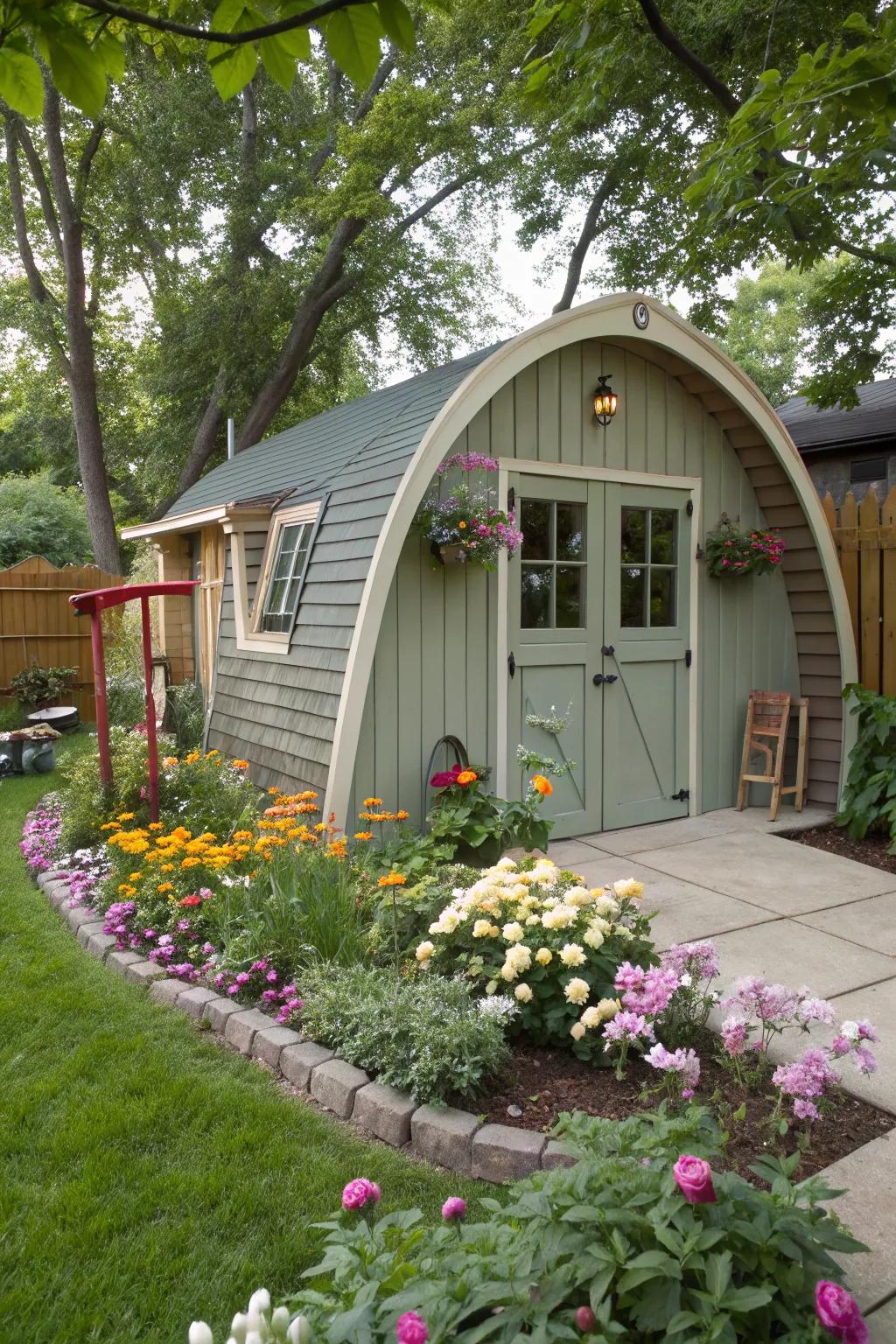 A curved overhang that brings a whimsical flair to your garden shed.
