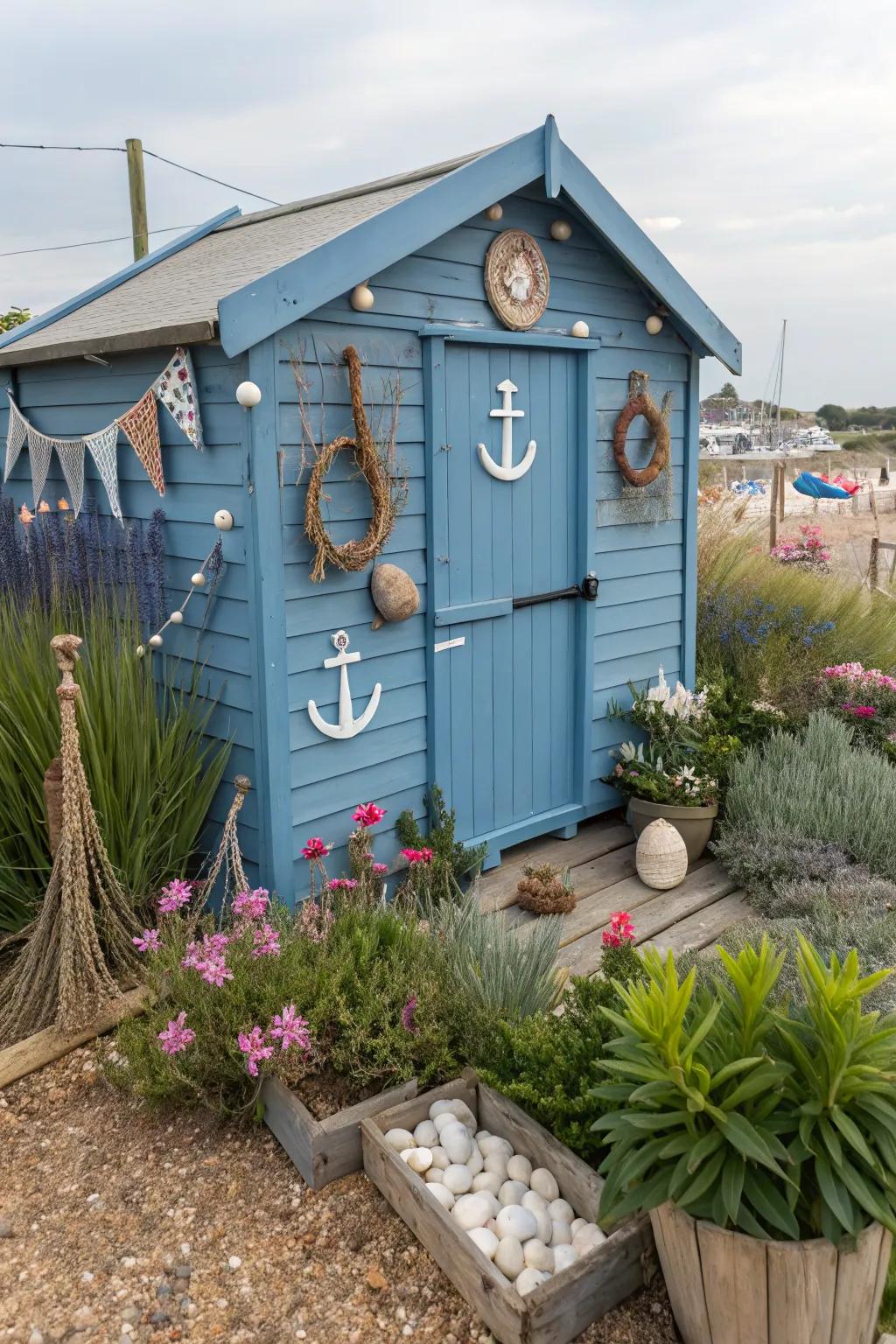Blue sheds bring a pop of color and coastal charm to your garden.