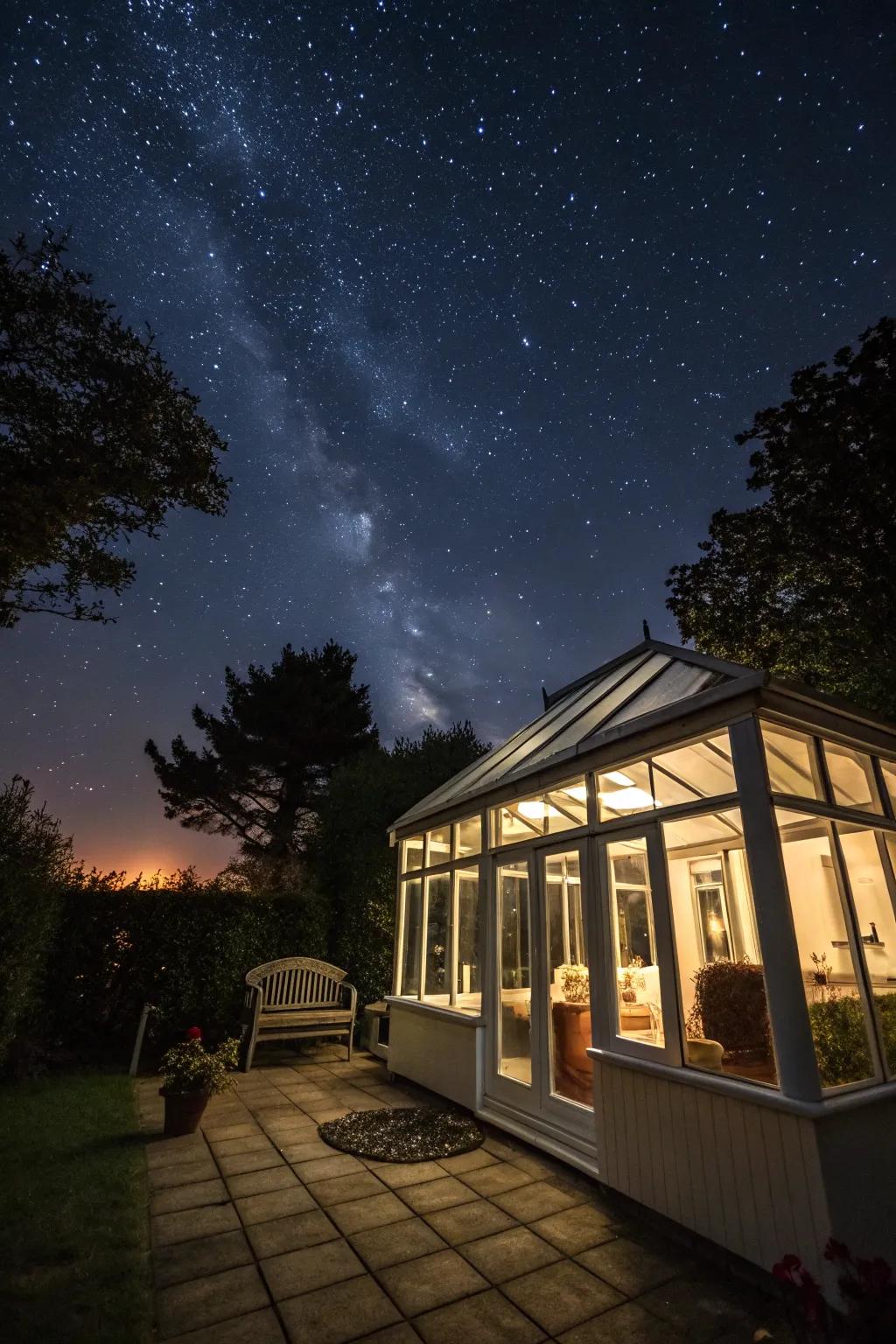 Shed with a glass porch roof and a view of a starry sky.