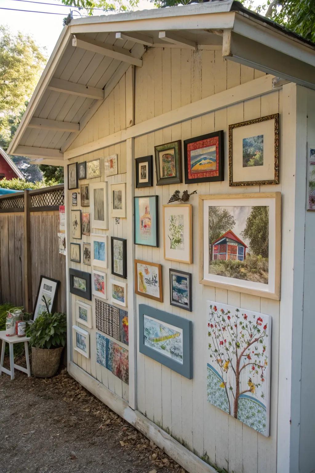 A shed wall turned into a personal art gallery.