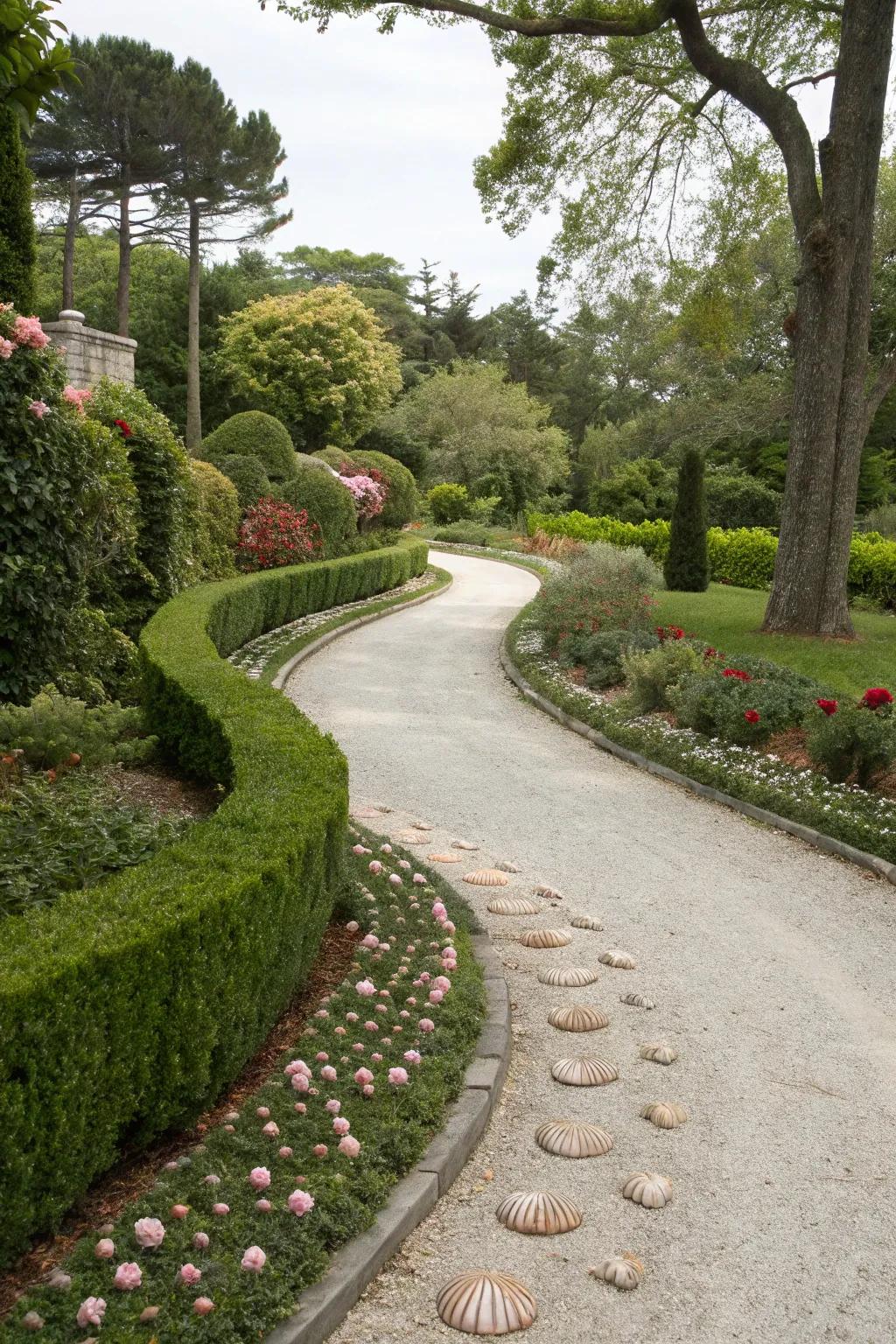 A curved shell driveway adds sophistication and movement to your home's exterior.