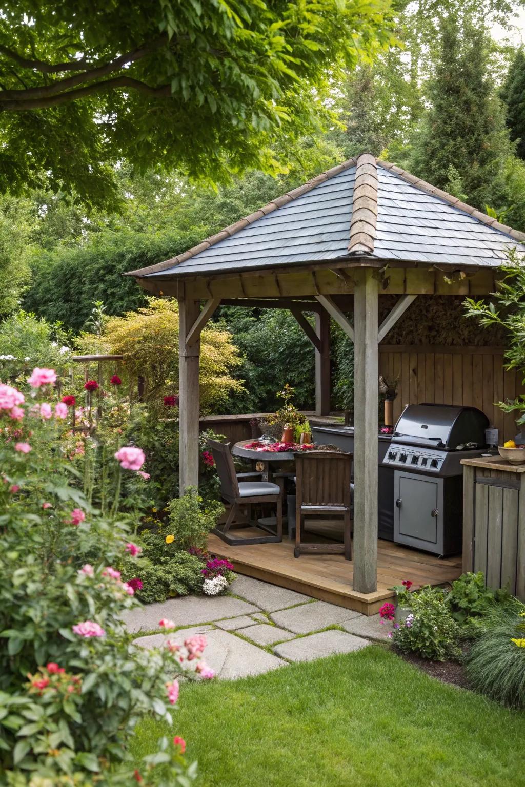 A gazebo offers a charming and protective space for your BBQ.