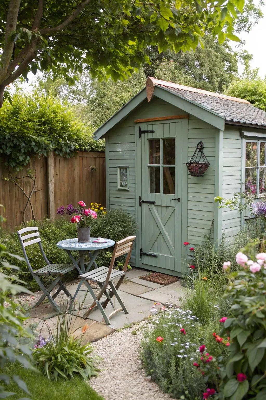 A garden shed doubles as a delightful dining nook.