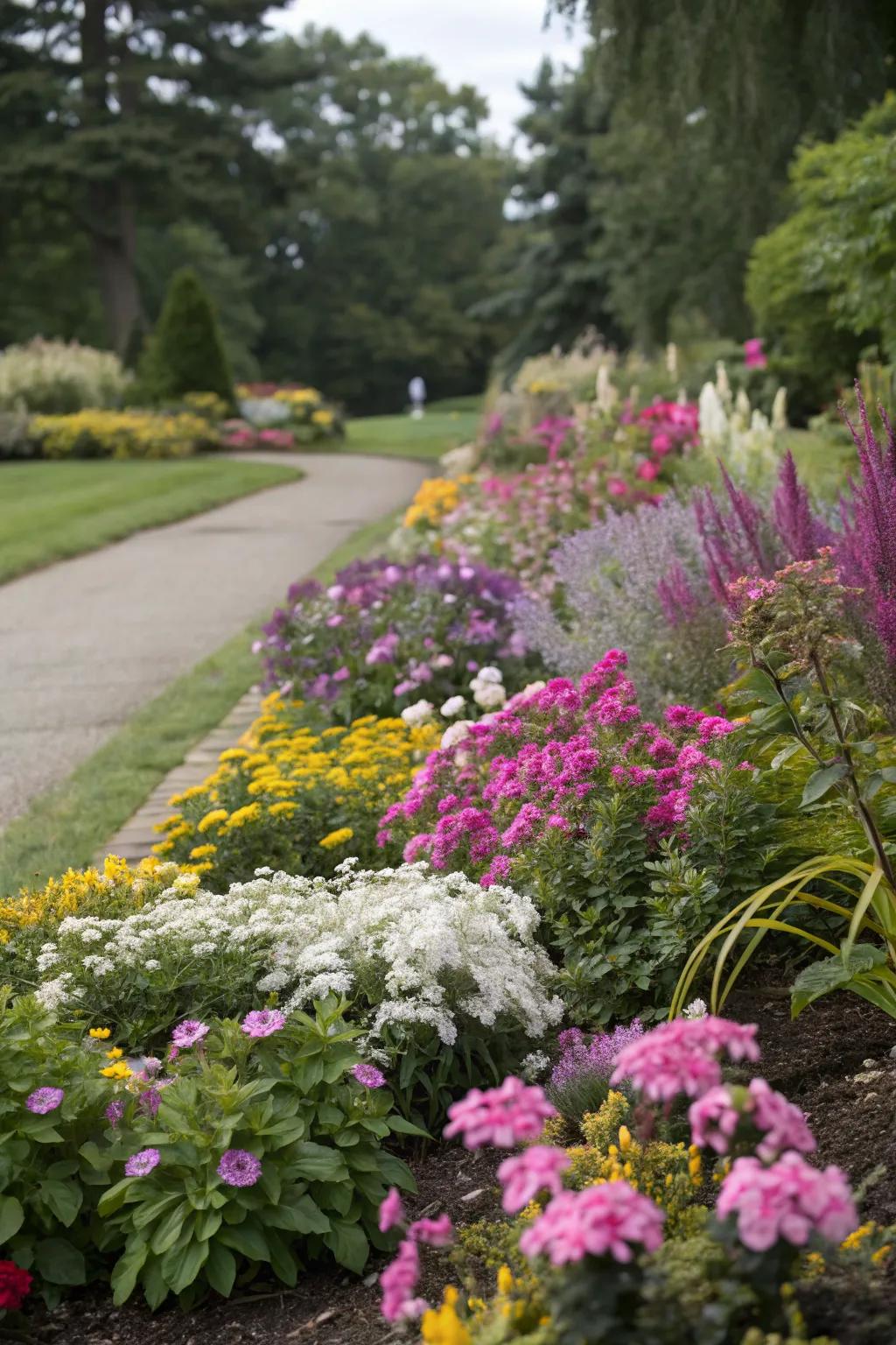 A vibrant mix of shrubs and flowers in a garden bed.