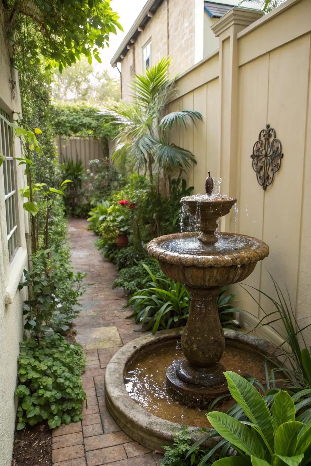 A small water fountain adds tranquility to a side garden.
