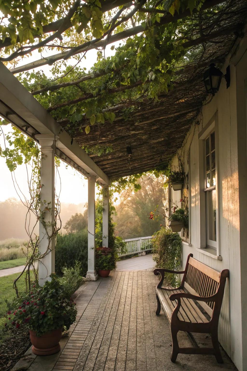 A pergola roof with vines adds a romantic touch to any porch.
