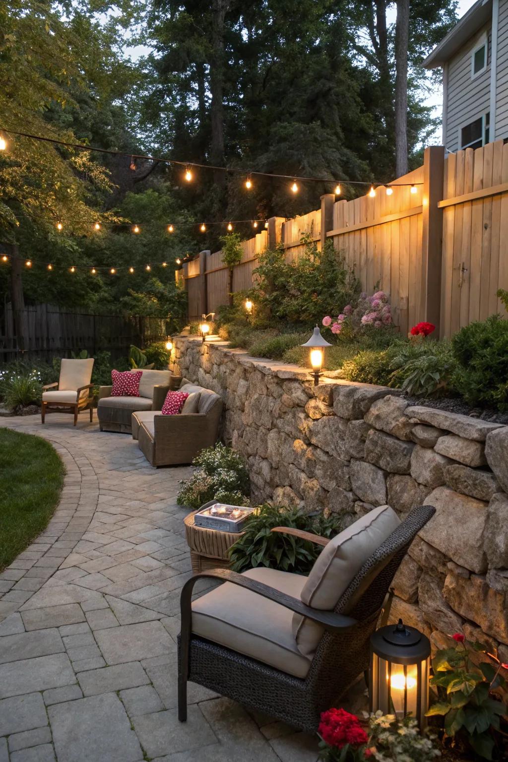 Stone walls add rustic charm and create a cozy side yard setting.