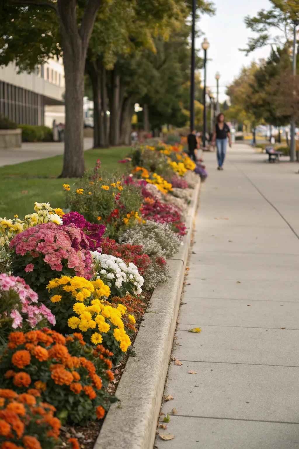 A flower bed brings vibrant color to sidewalks.