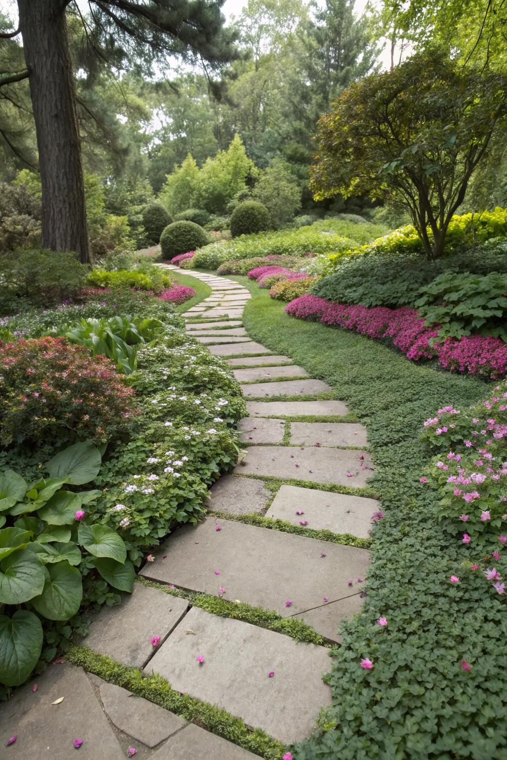 Stepping stones create a playful and inviting pathway.