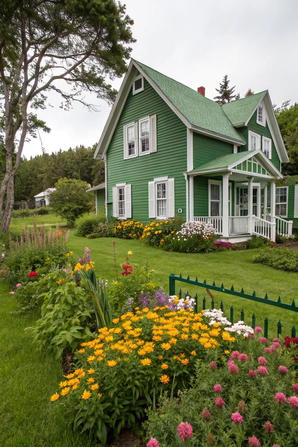 Green siding with white trim creates a harmonious blend with natural surroundings.