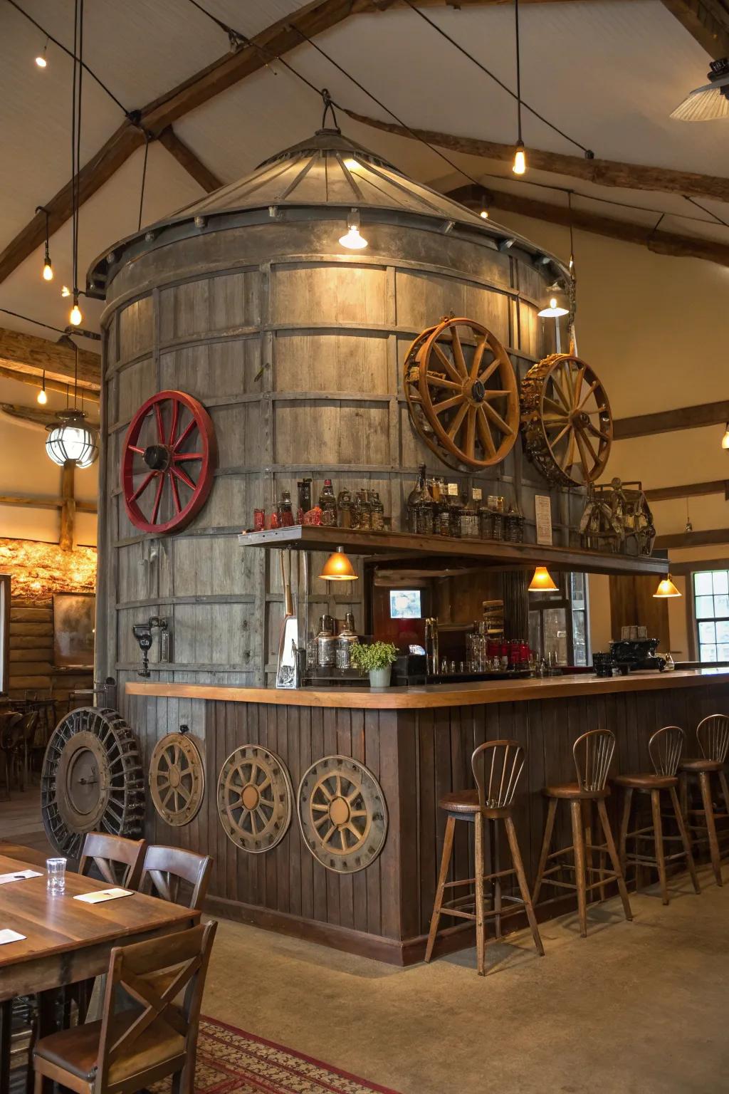 Repurposed decor made from farm equipment adding character to a silo bar.
