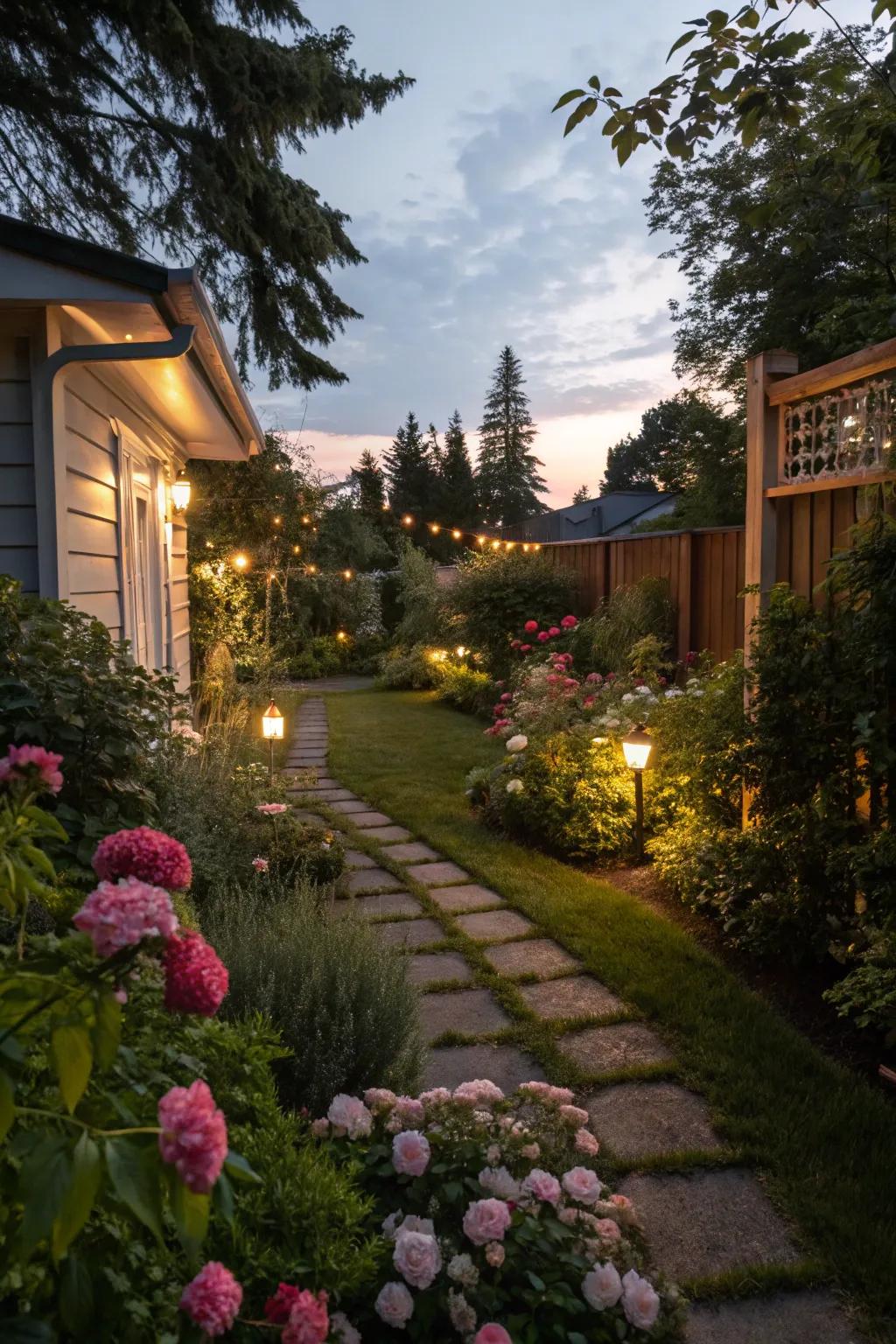 A beautifully lit garden creating a cozy atmosphere for nighttime enjoyment.