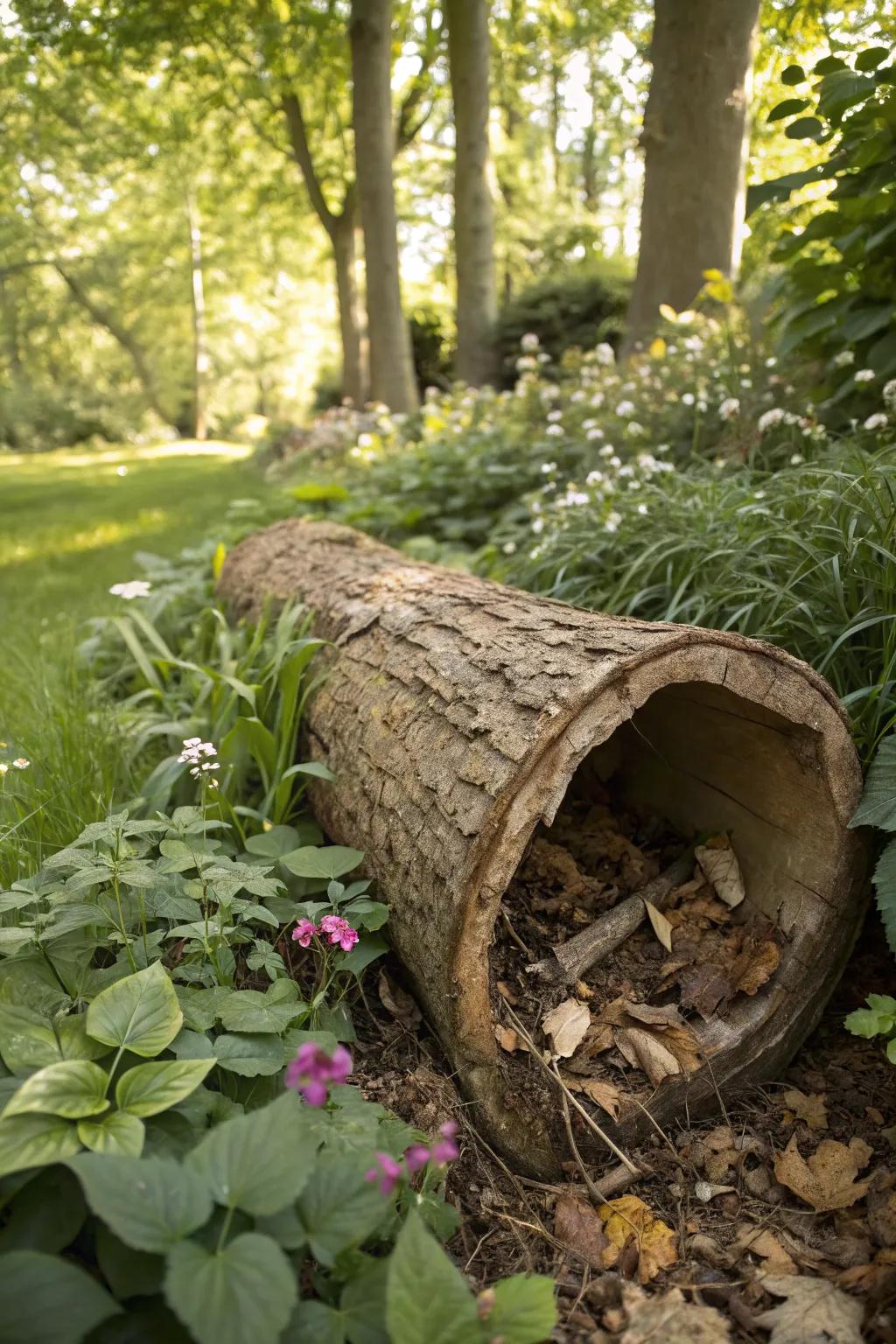 A rustic log cabin bug hotel nestled in the garden.