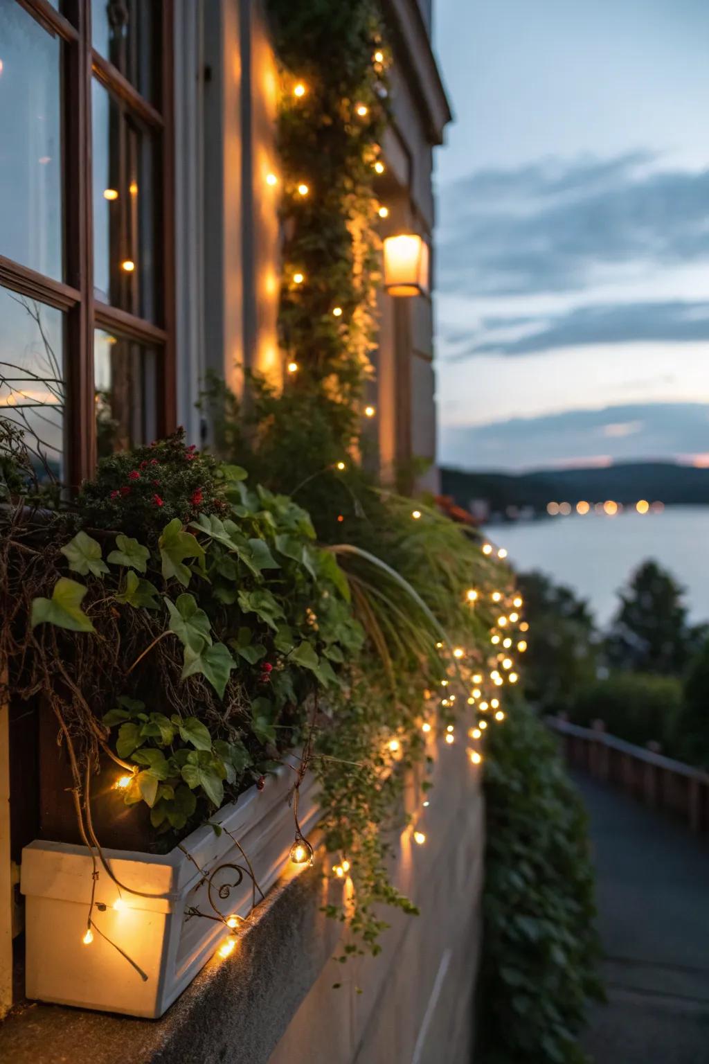Fairy lights create a cozy and enchanting night-time display.