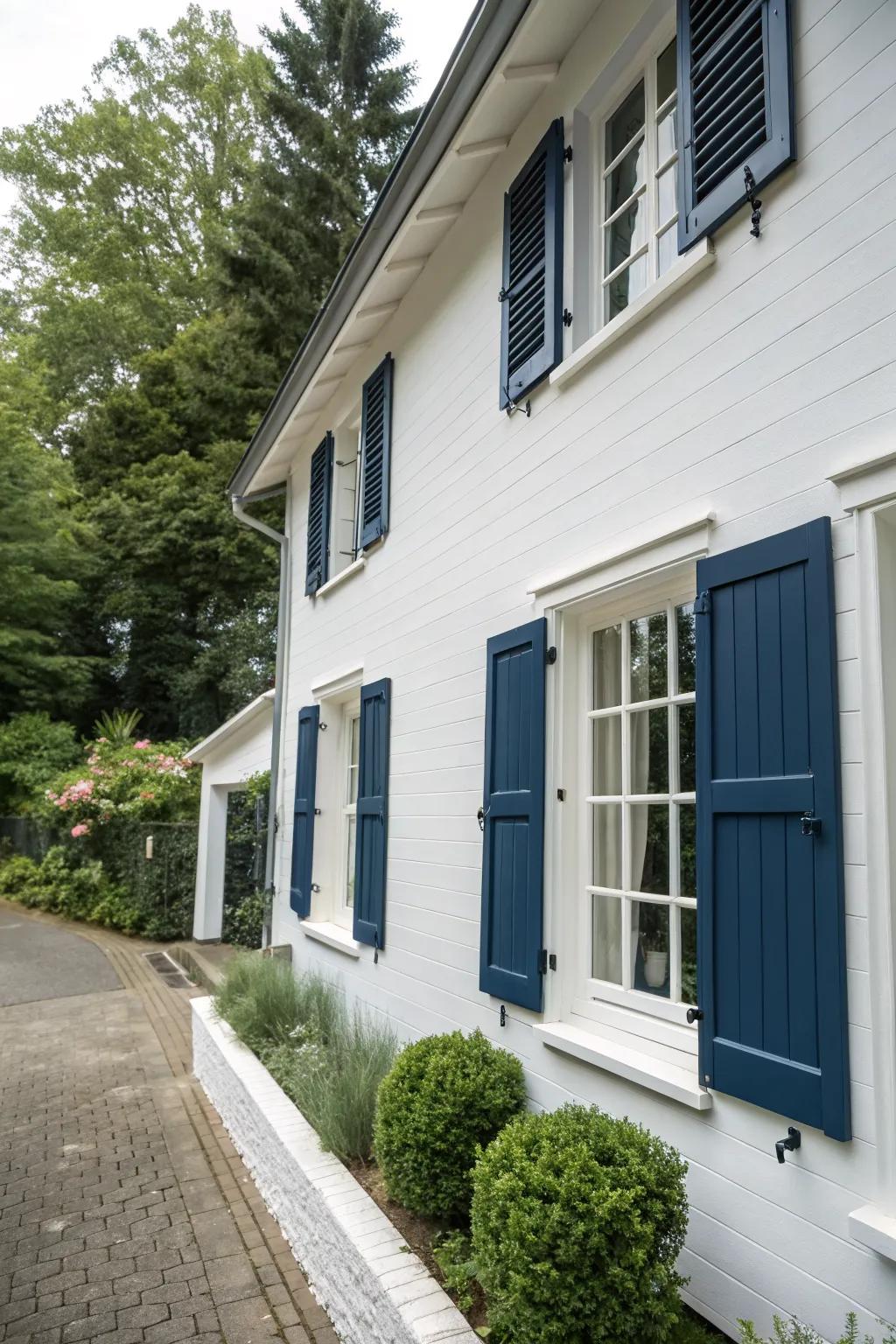 Navy shutters adding a touch of elegance to a home.