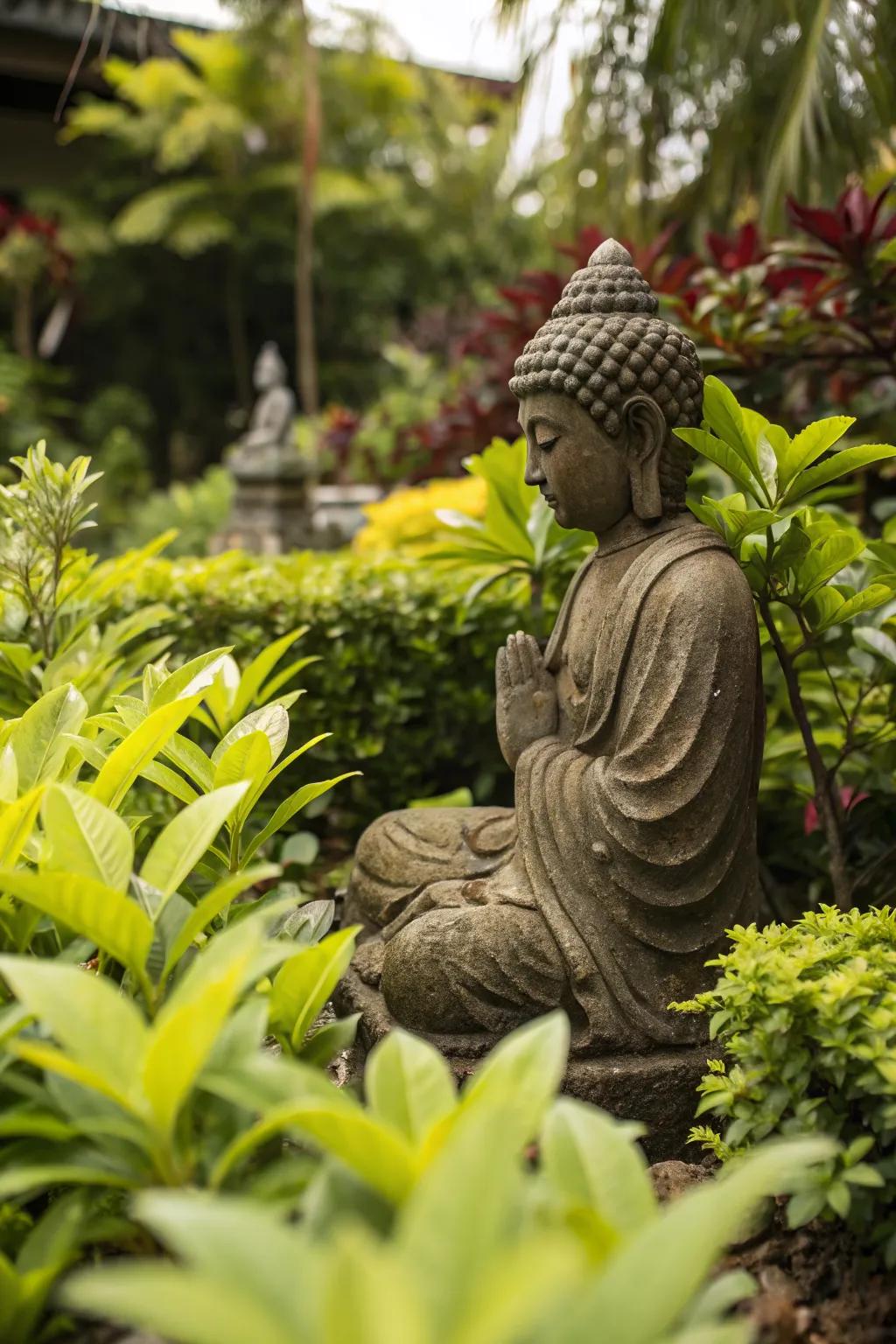A whimsical garden ornament nestled among the foliage.