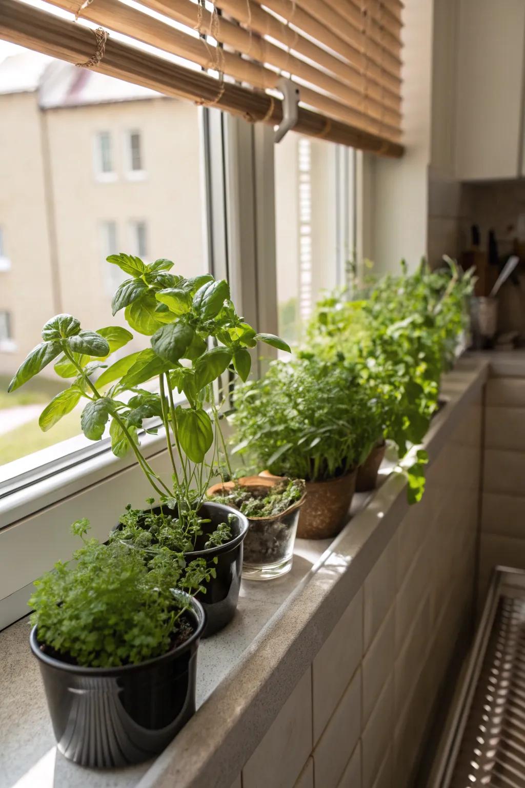 A collection of herbs growing in pots on a sunny windowsill.
