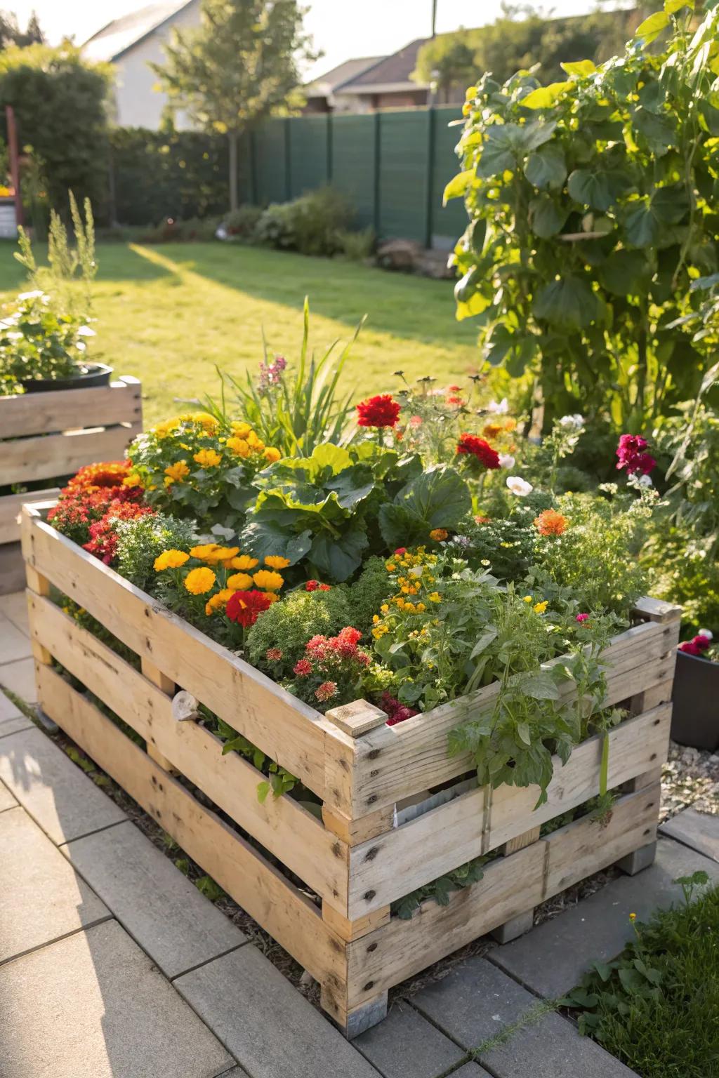 Elevate your plants with a raised garden bed crafted from pallets.