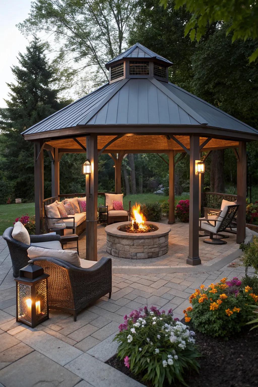 A fire pit turns this gazebo into a warm retreat even on cooler nights.