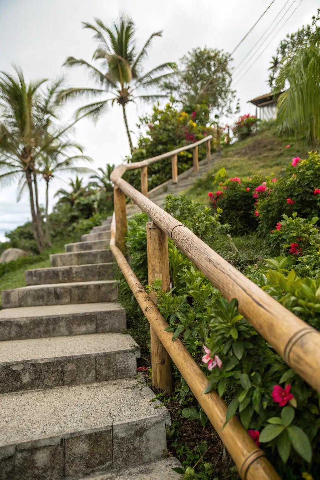 A bamboo handrail creates a tropical vibe on these concrete steps.