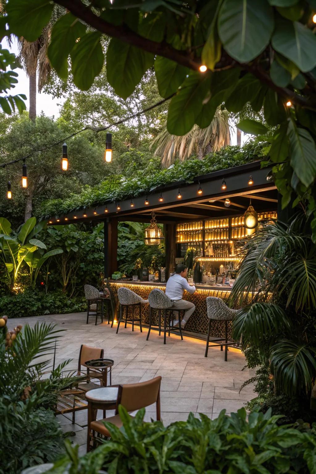 Plants and greenery create a seamless integration of this outdoor bar with its surroundings.