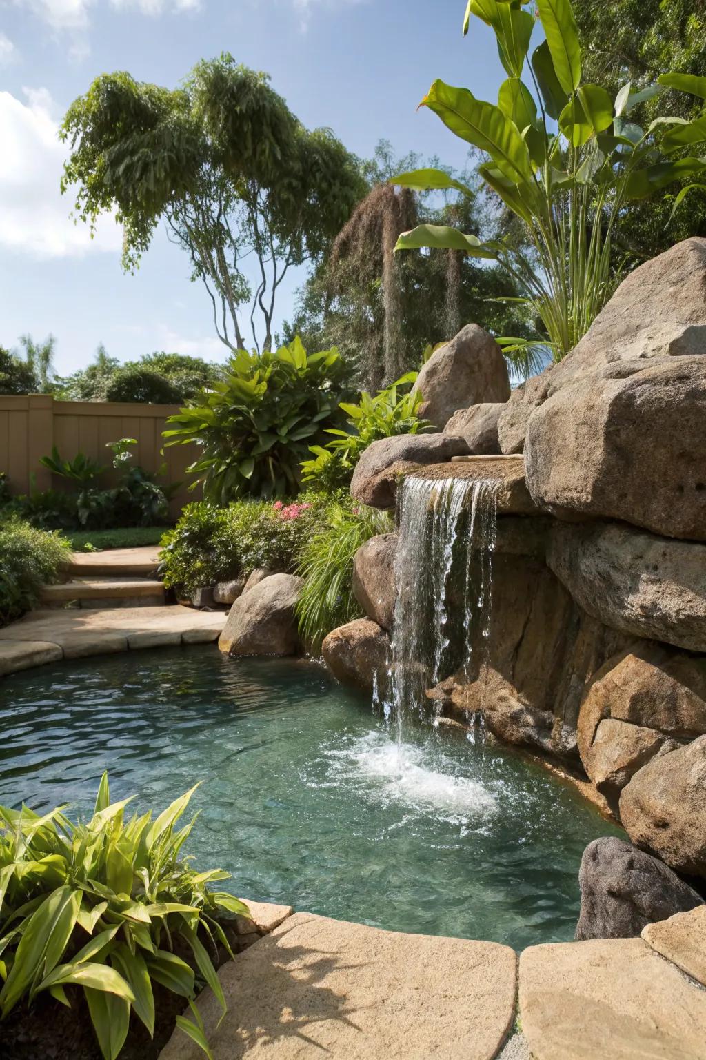A peaceful pool enhanced by a simple waterfall feature.