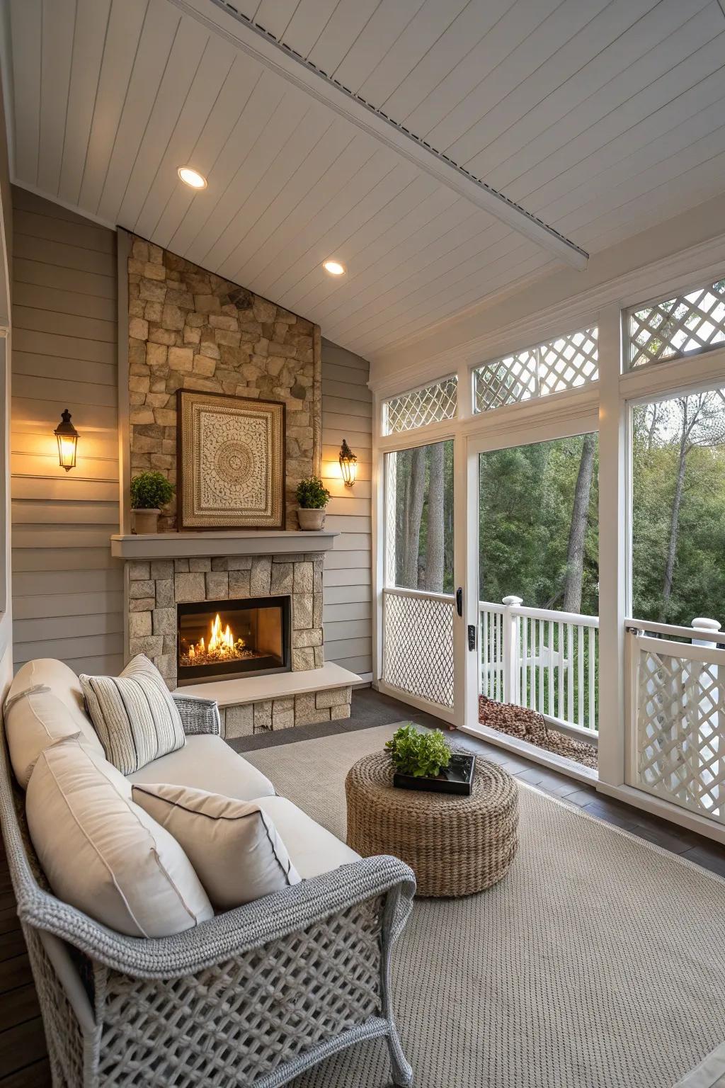 A neutral color palette enhances the calming atmosphere of this screened porch.
