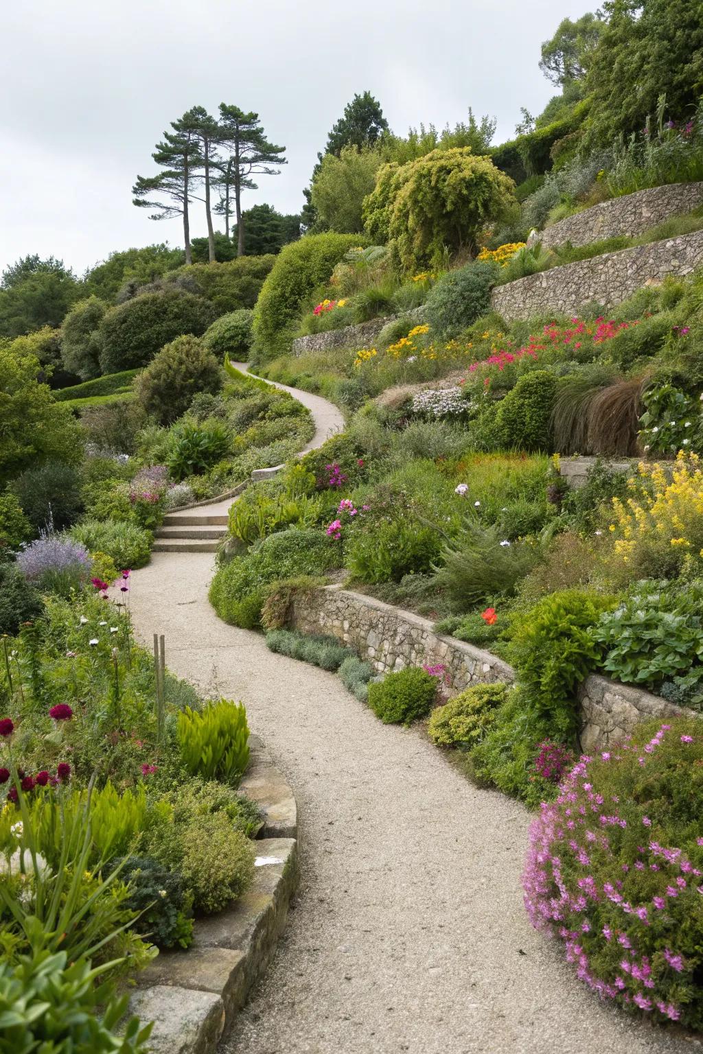 Gravel pathways winding through a lush tiered garden.
