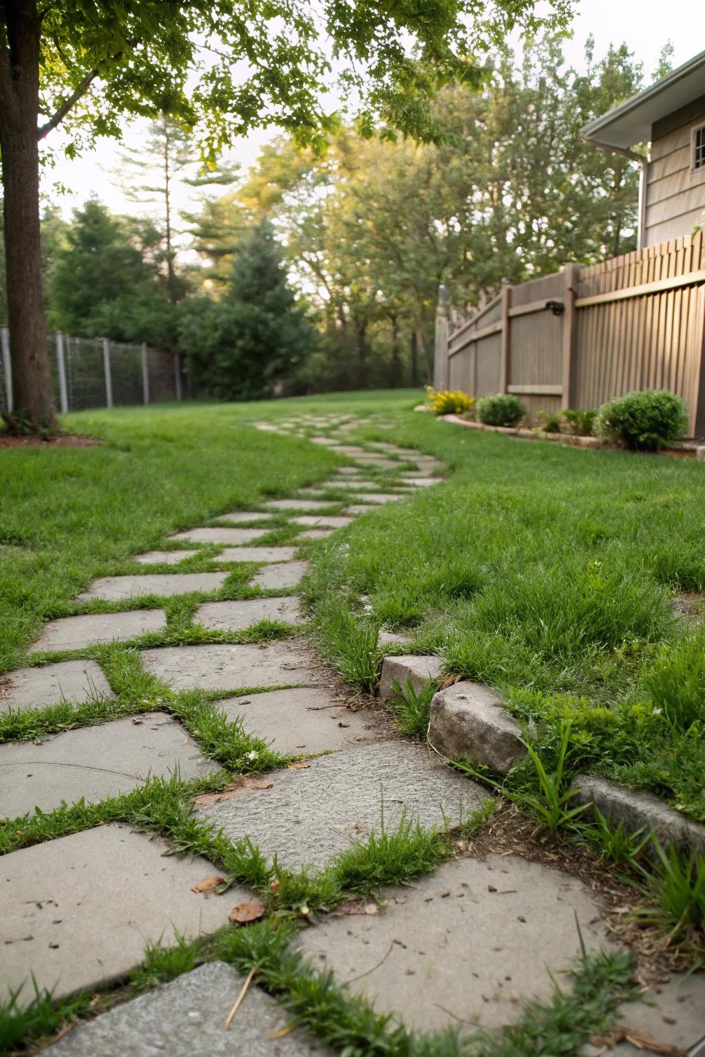 Pavers and grass blend together for a harmonious garden path.