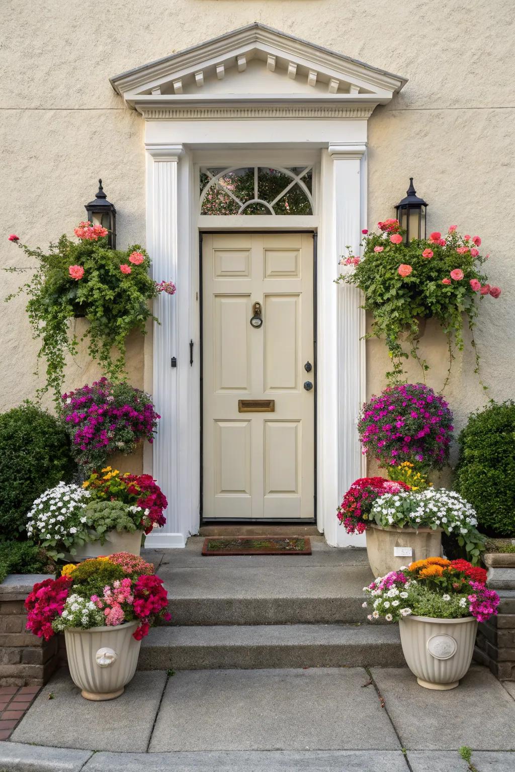 Symmetrical planters add greenery and charm to a front door.