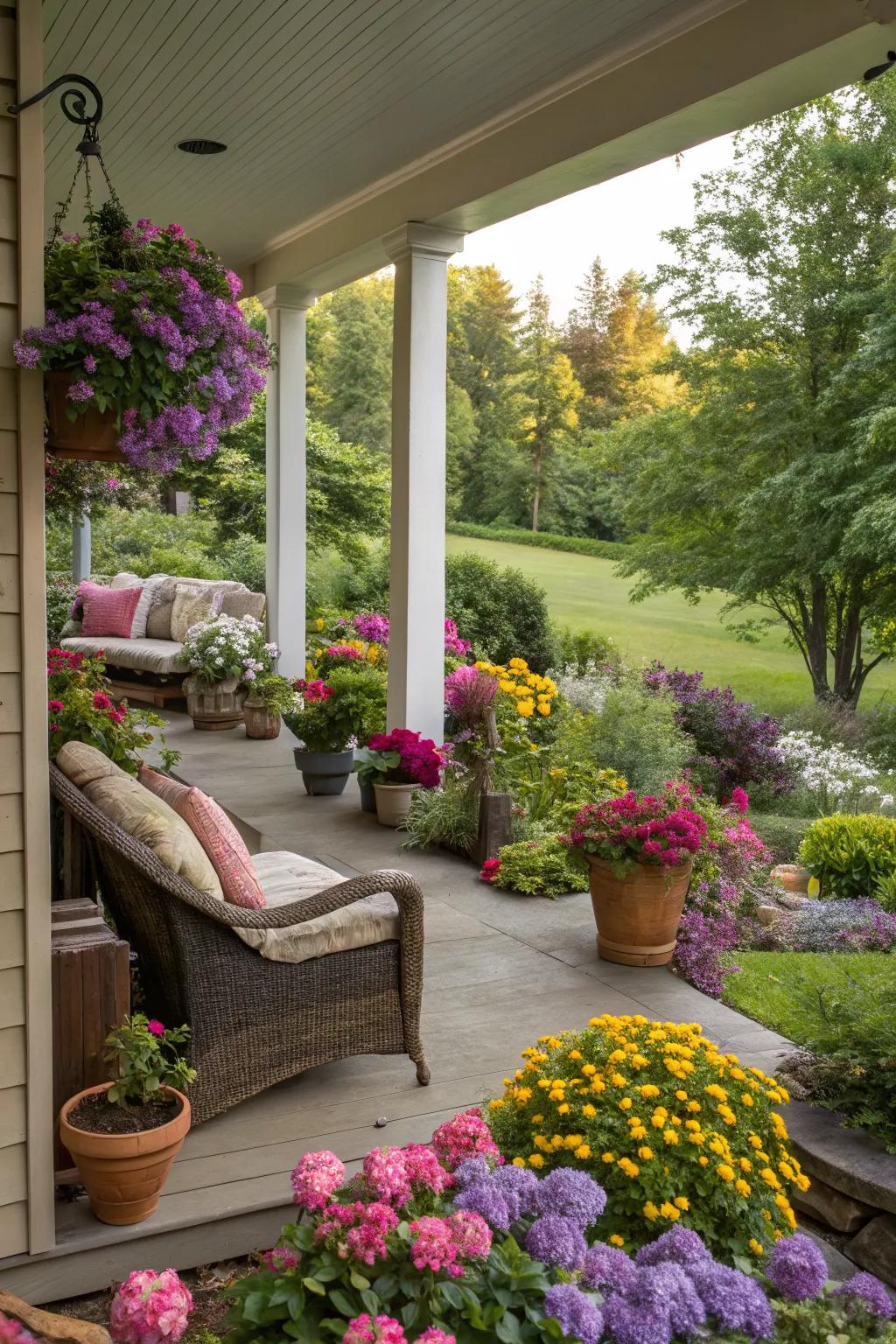 Garden integration enhances your porch with vibrant natural beauty.