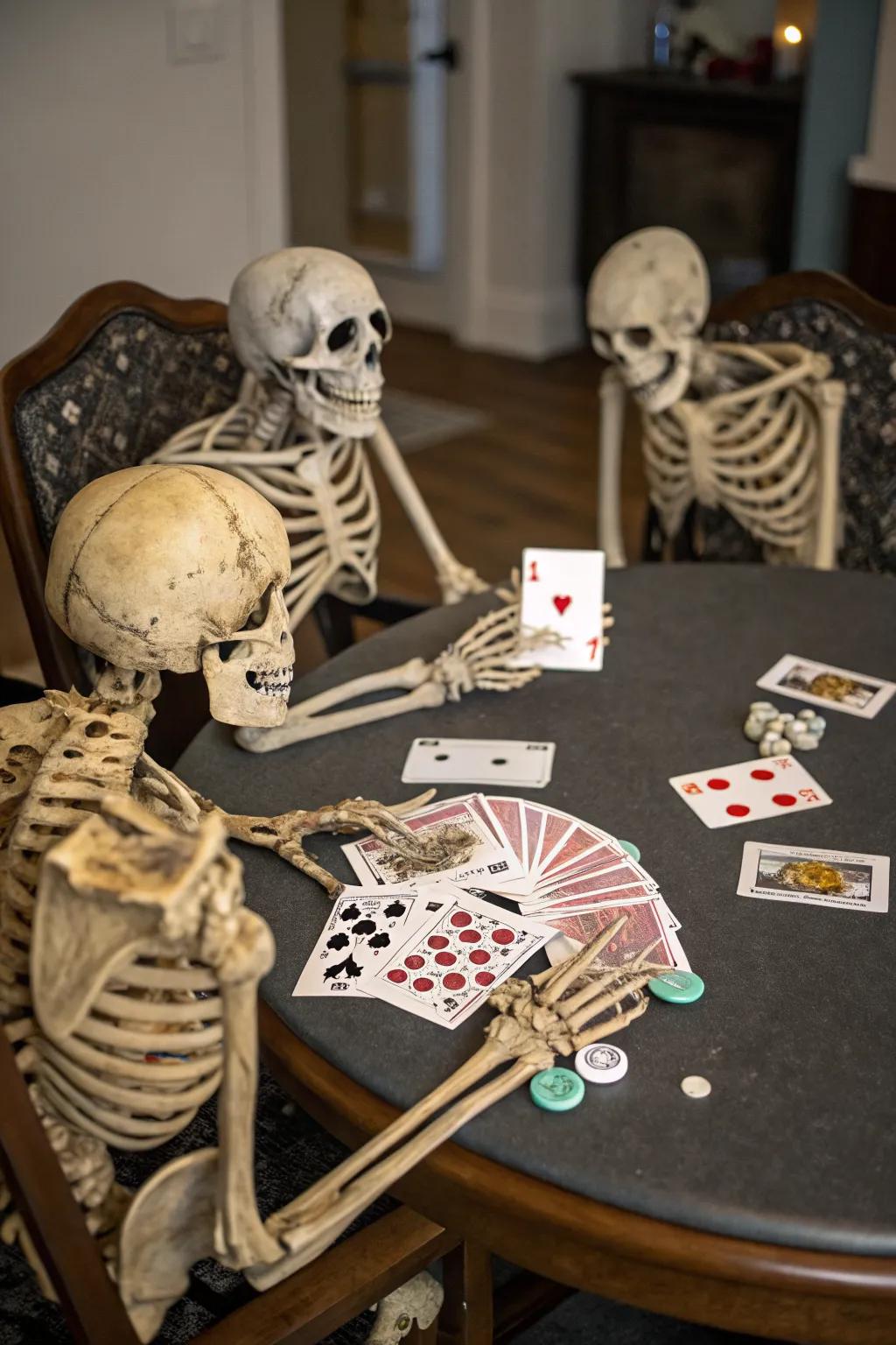 A high-stakes poker game among skeletons, adding humor to the yard.