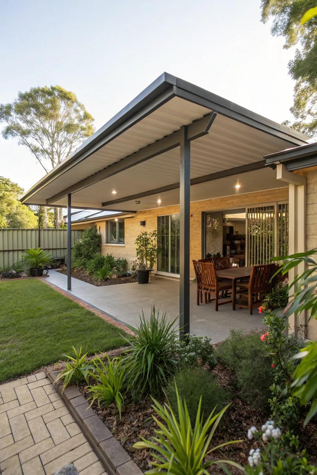 A skillion roof gracefully extending over a patio, enhancing outdoor living.