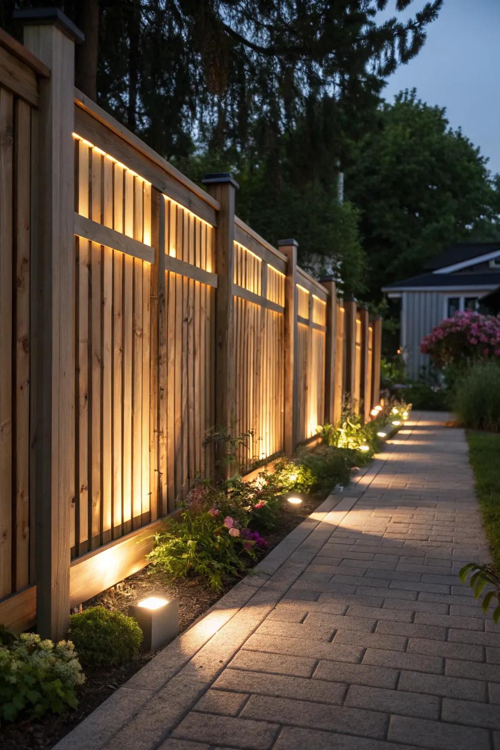 A cozy outdoor space with a slat fence beautifully lit by LED lights.